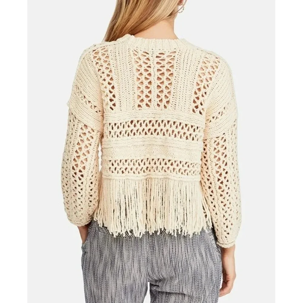 Free People Cream Crochet Sweater with Fringe